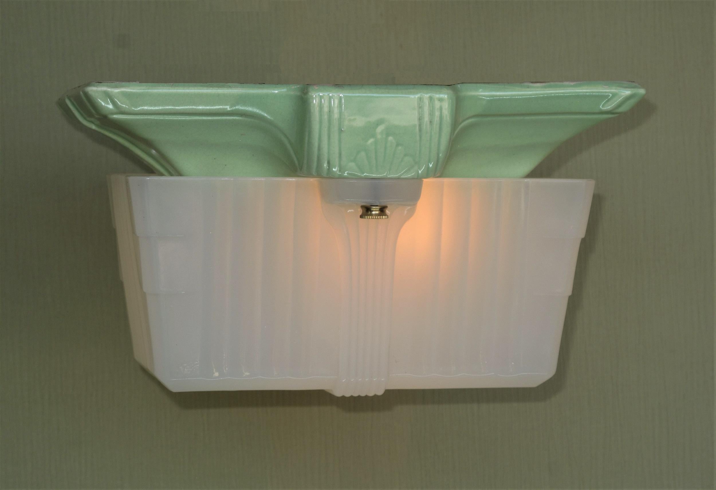 TWO Amazing Bungalow Green Ceiling Lights with Original Shades circa 1928 In Good Condition In Prescott, US