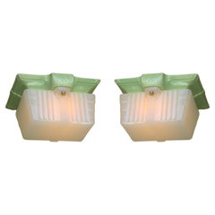 TWO Amazing Bungalow Green Ceiling Lights with Original Shades circa 1928
