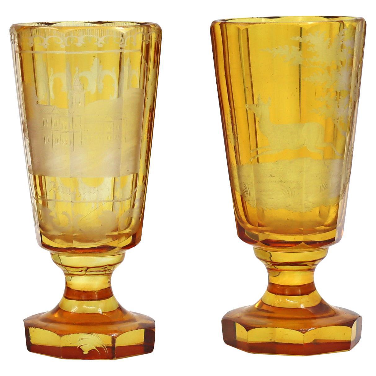 Two Amber Coloured Bohemian Crystal Glasses 6