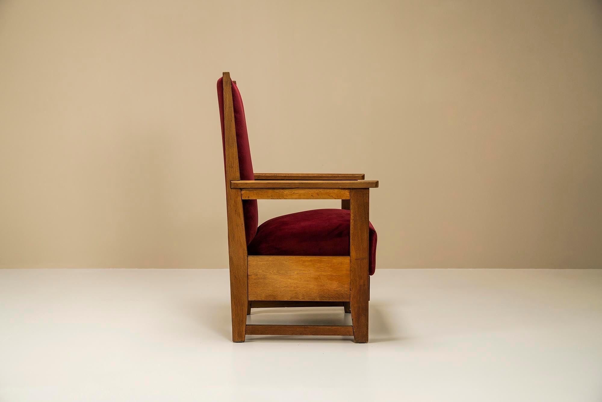 Art Deco Two Amsterdam School High Back Chairs in Oak and Burgundy, Netherlands 1930s For Sale