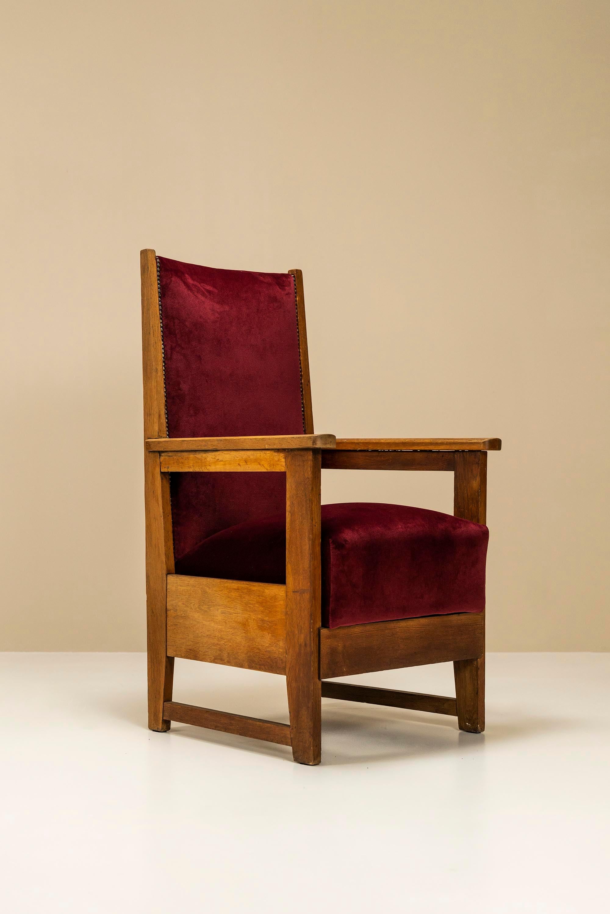 Dutch Two Amsterdam School High Back Chairs in Oak and Burgundy, Netherlands 1930s For Sale