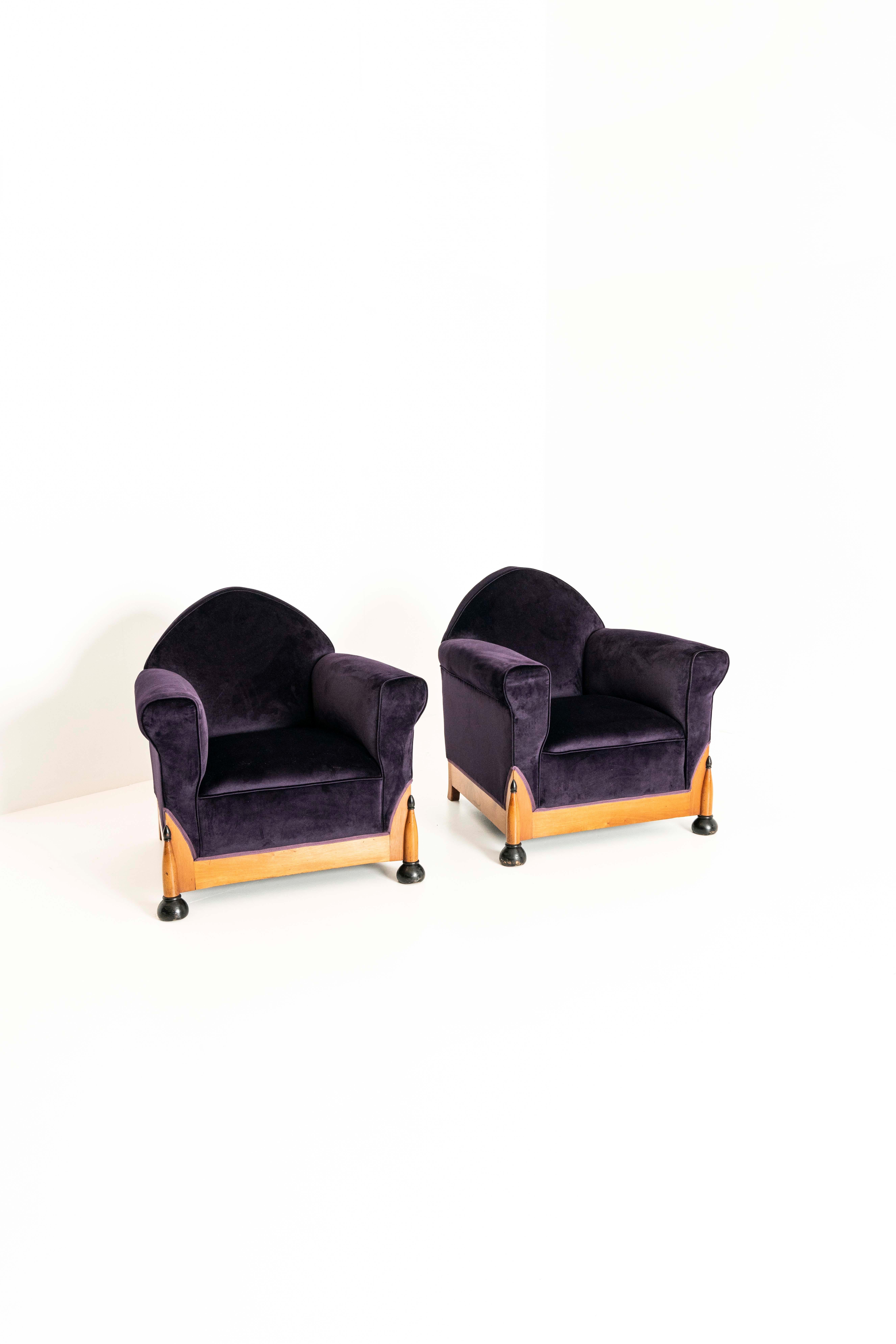 Art Deco Two Amsterdam School Lounge Chairs in Purple Velvet, The Netherlands 1930s