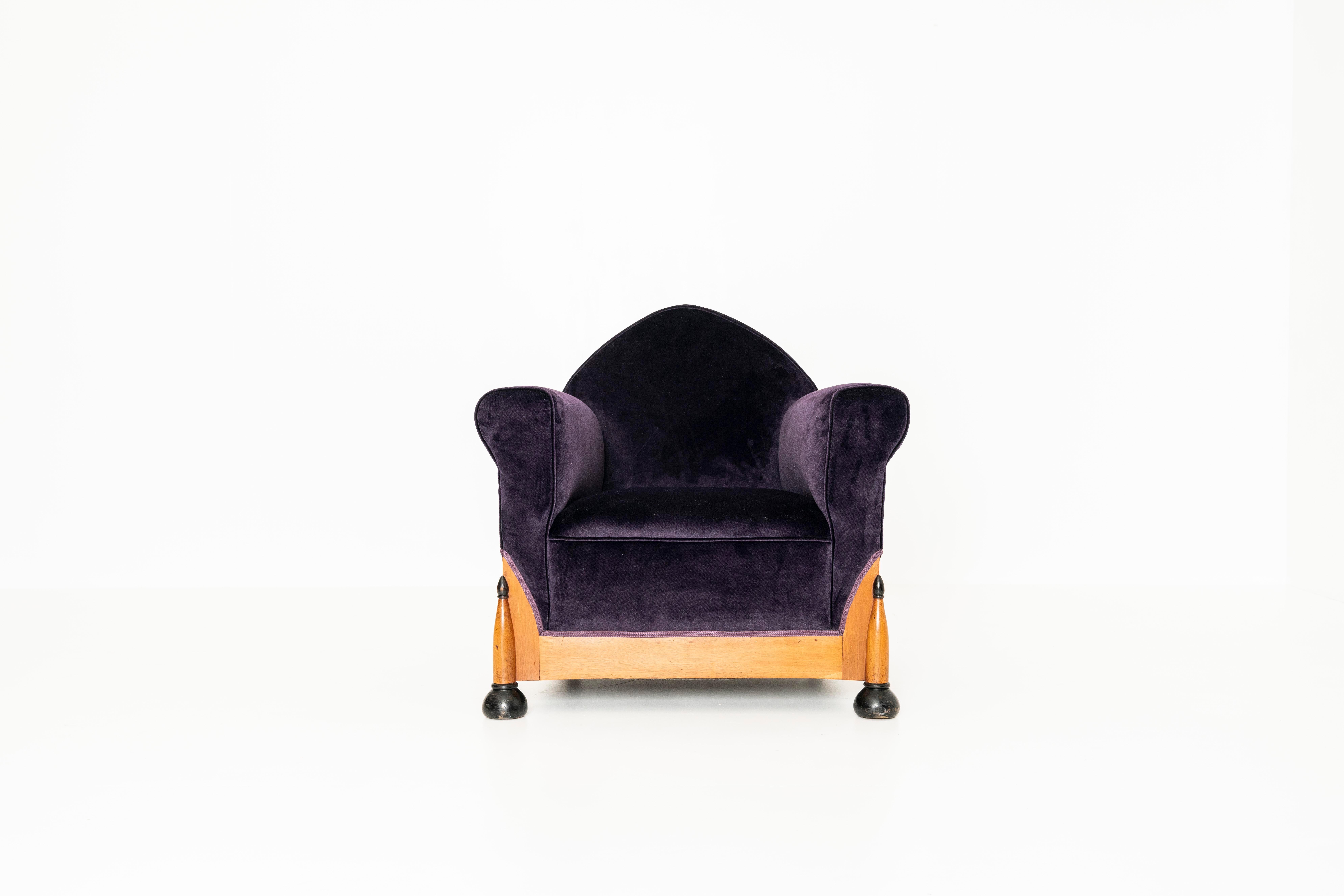 Dutch Two Amsterdam School Lounge Chairs in Purple Velvet, The Netherlands 1930s