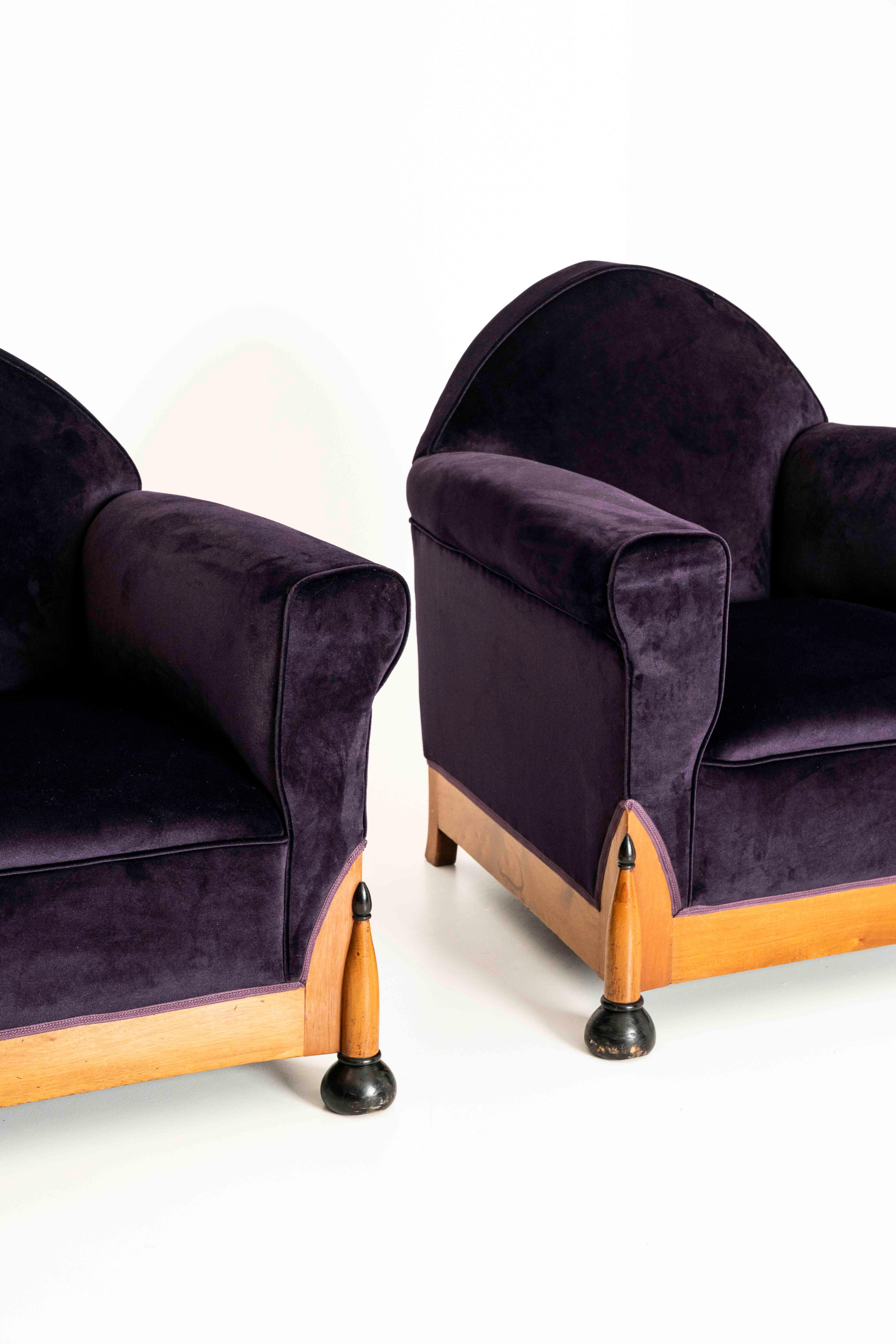 Fabric Two Amsterdam School Lounge Chairs in Purple Velvet, The Netherlands 1930s