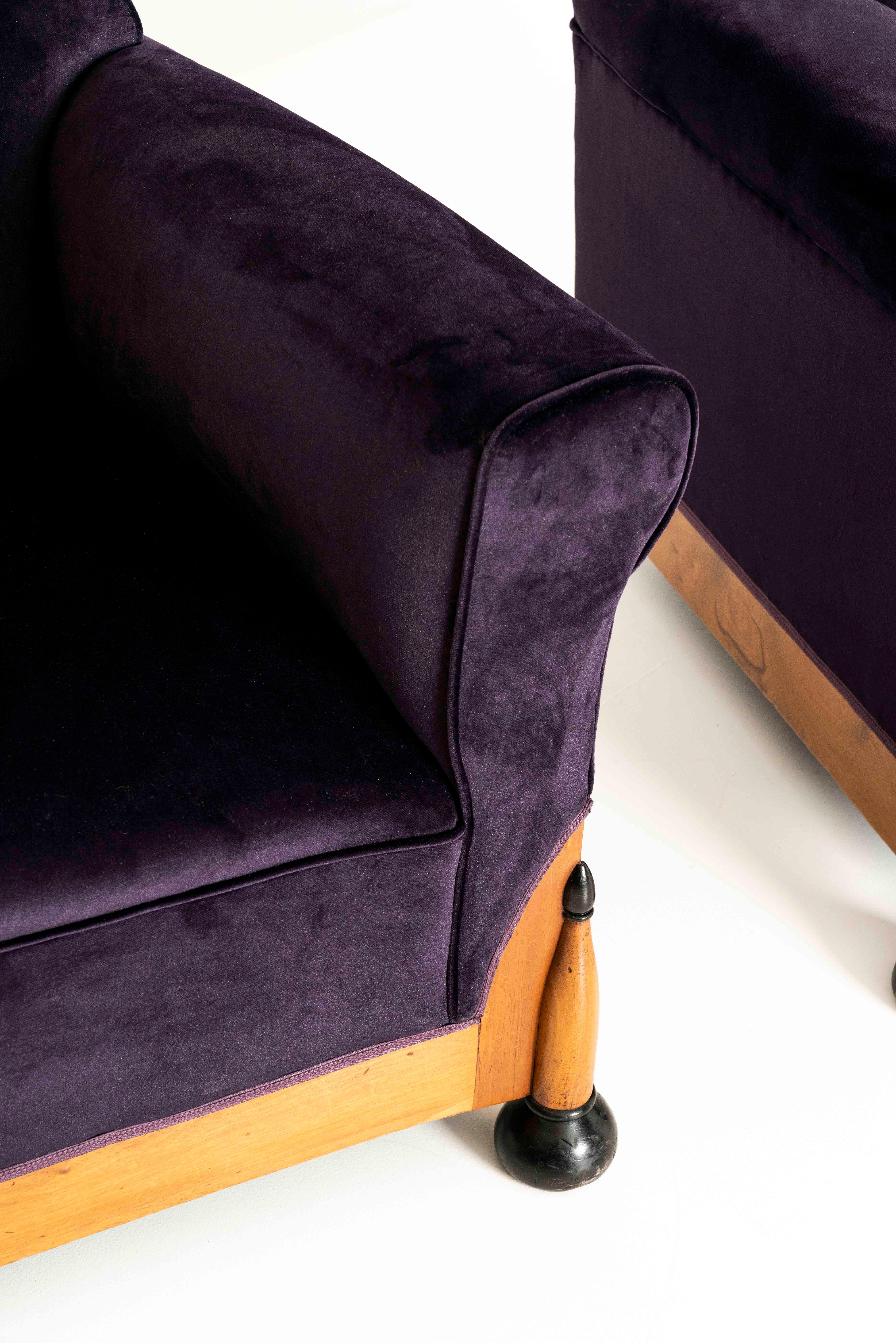 Two Amsterdam School Lounge Chairs in Purple Velvet, The Netherlands 1930s 1