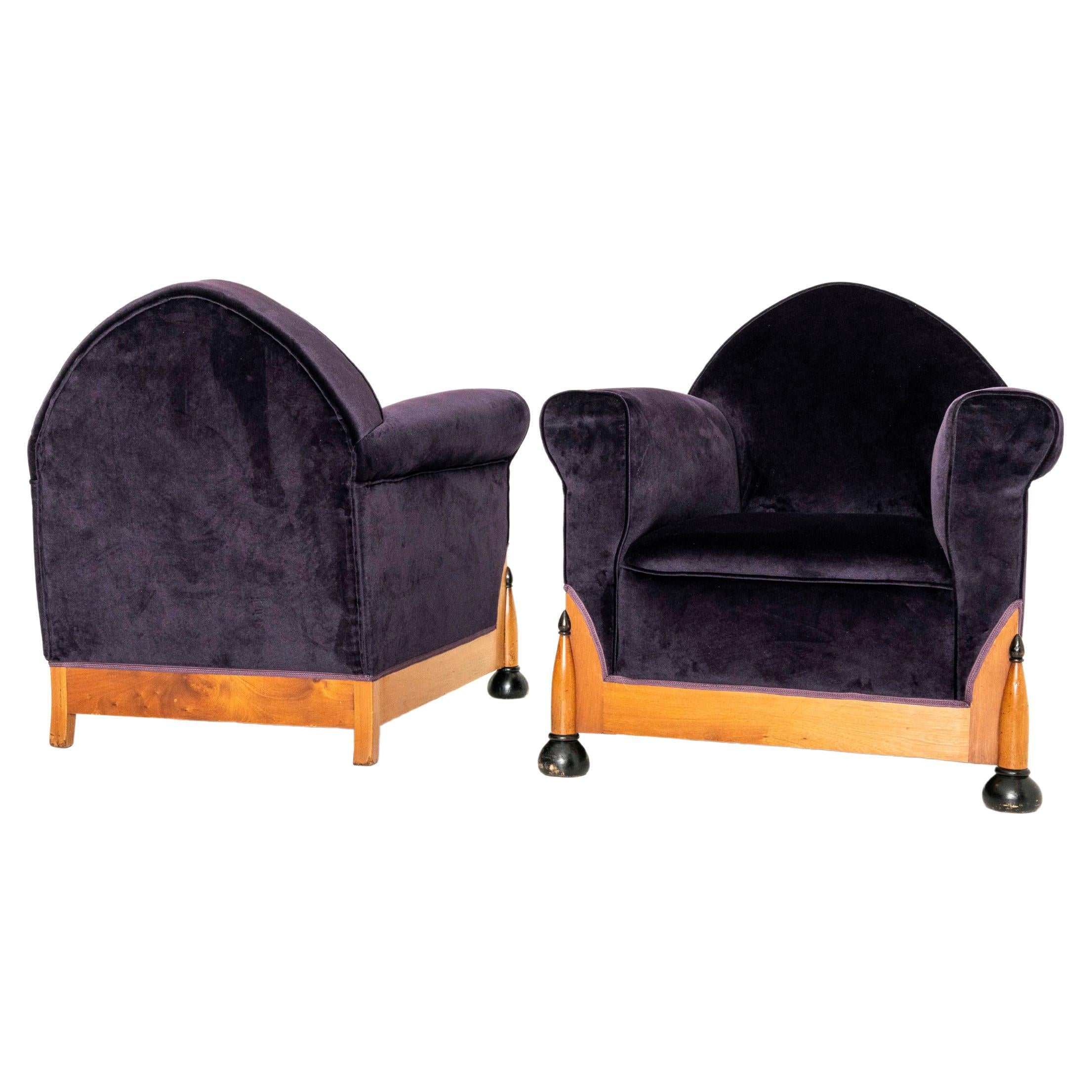 Two Amsterdam School Lounge Chairs in Purple Velvet, The Netherlands 1930s