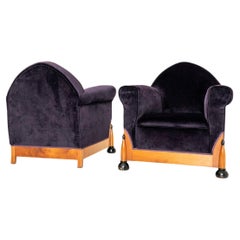 Two Amsterdam School Lounge Chairs in Purple Velvet, The Netherlands 1930s