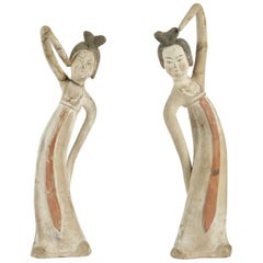 Antique Two Ancient Dancer Figurines in Terracotta, Chinese