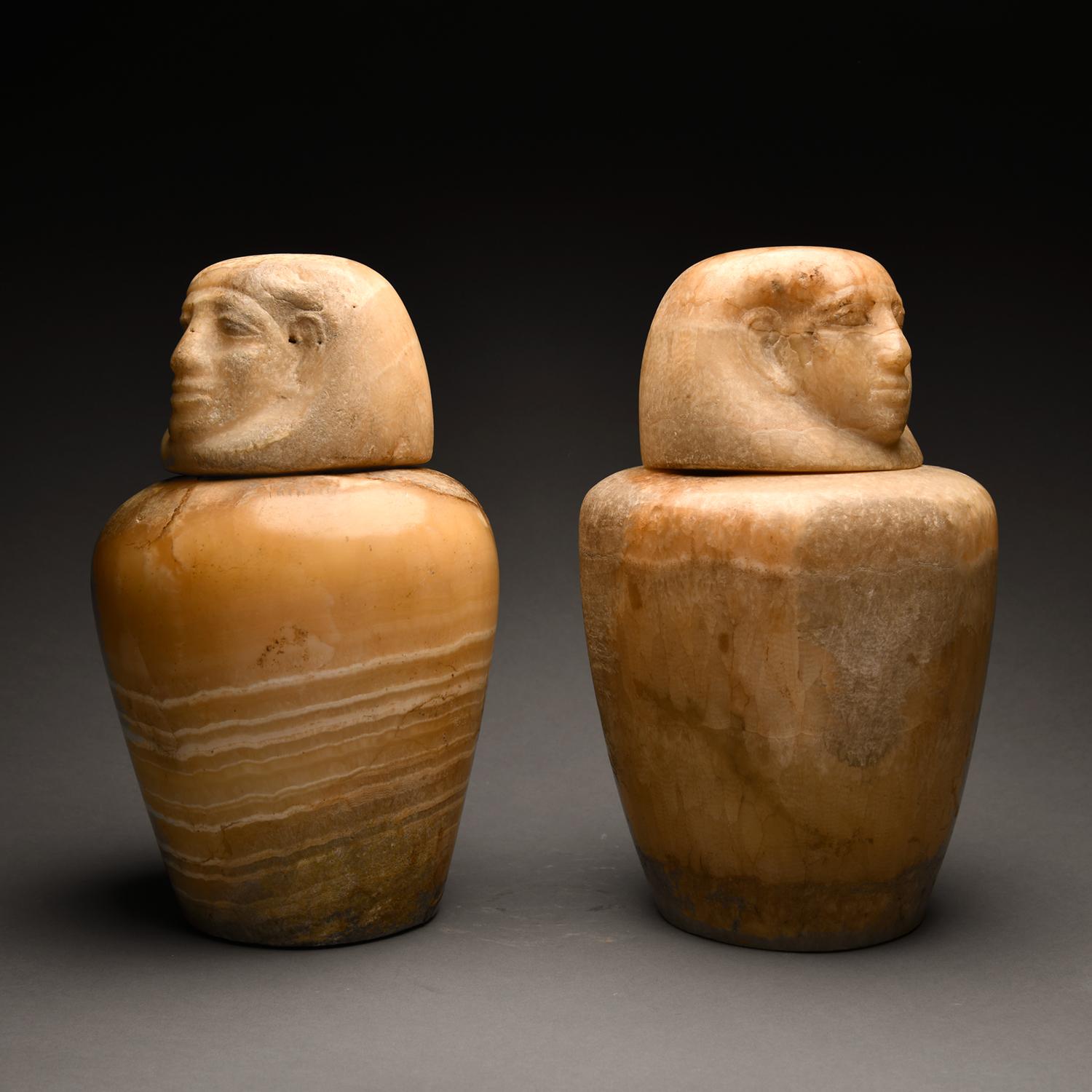 Carved Two Ancient Egyptian Alabaster Canopic Jars For Sale