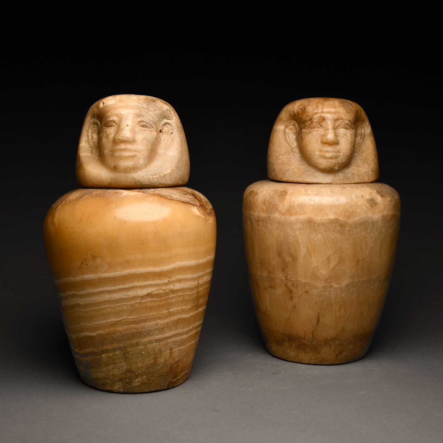 18th Century and Earlier Two Ancient Egyptian Alabaster Canopic Jars For Sale