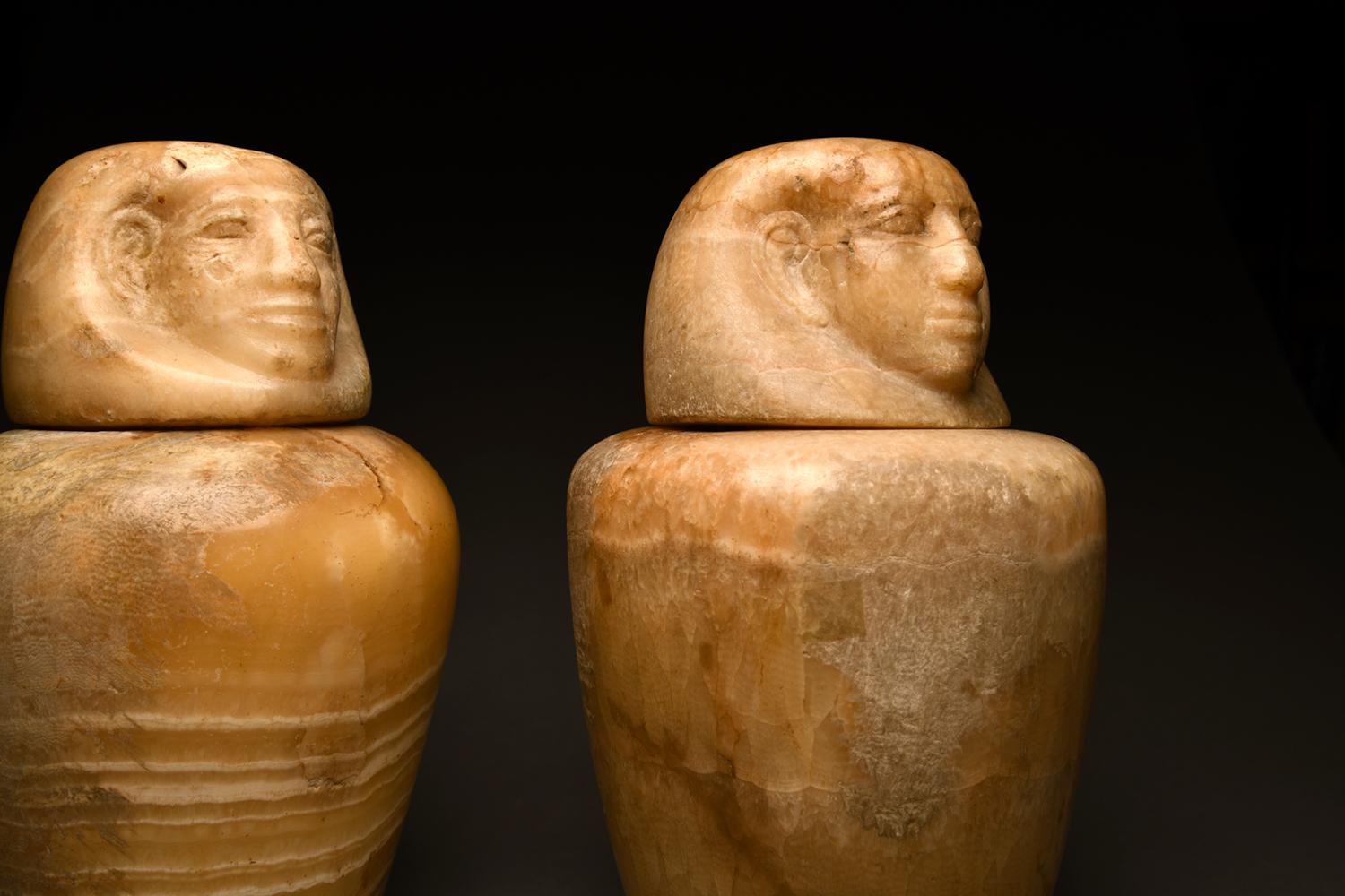 Two Ancient Egyptian Alabaster Canopic Jars For Sale 3