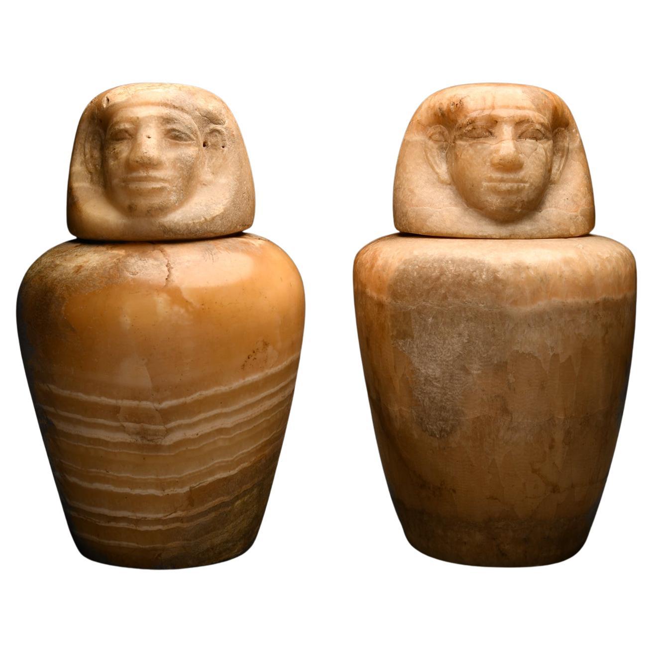 Two Ancient Egyptian Alabaster Canopic Jars For Sale