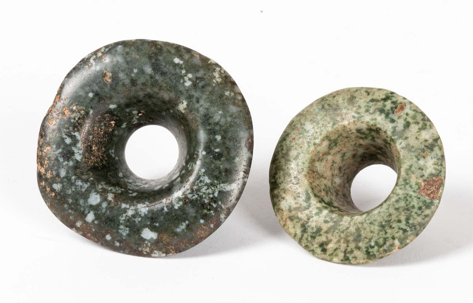 Mexican Two Ancient Mayan Jade Ear Plugs Fifth to Seventh Century AD For Sale