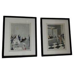 Retro Two Animated Prints Hotel Restaurant Scene