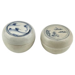 Antique Two Annamese Miniature Covered Boxes with Scenary Motif, 15th century, Le Dynast