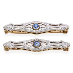 Two Antique 14k Yellow Gold and Platinum Sapphire Bar Brooch