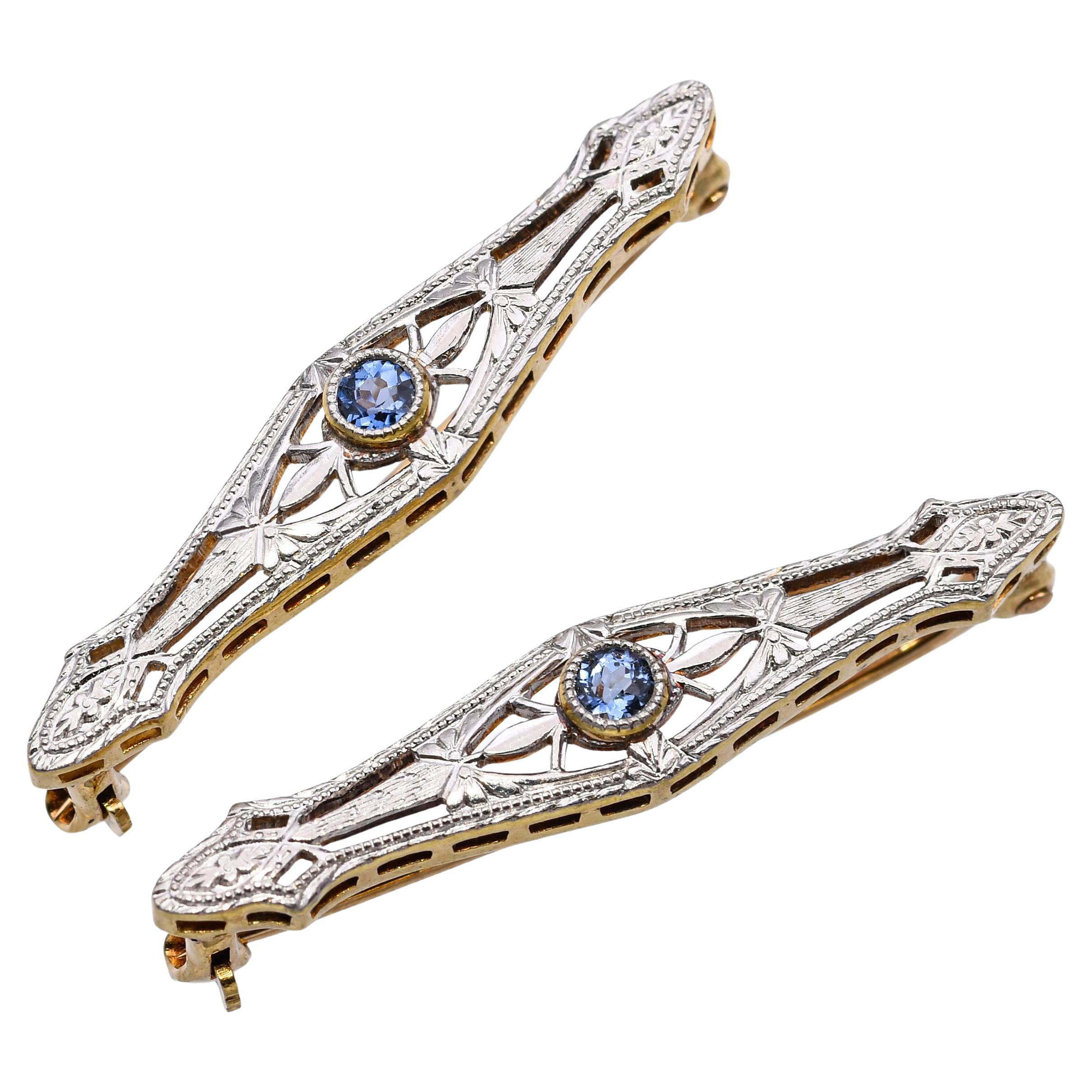 Zwei antike 14k Gelbgold und Platin Sapphire Bar Brosche