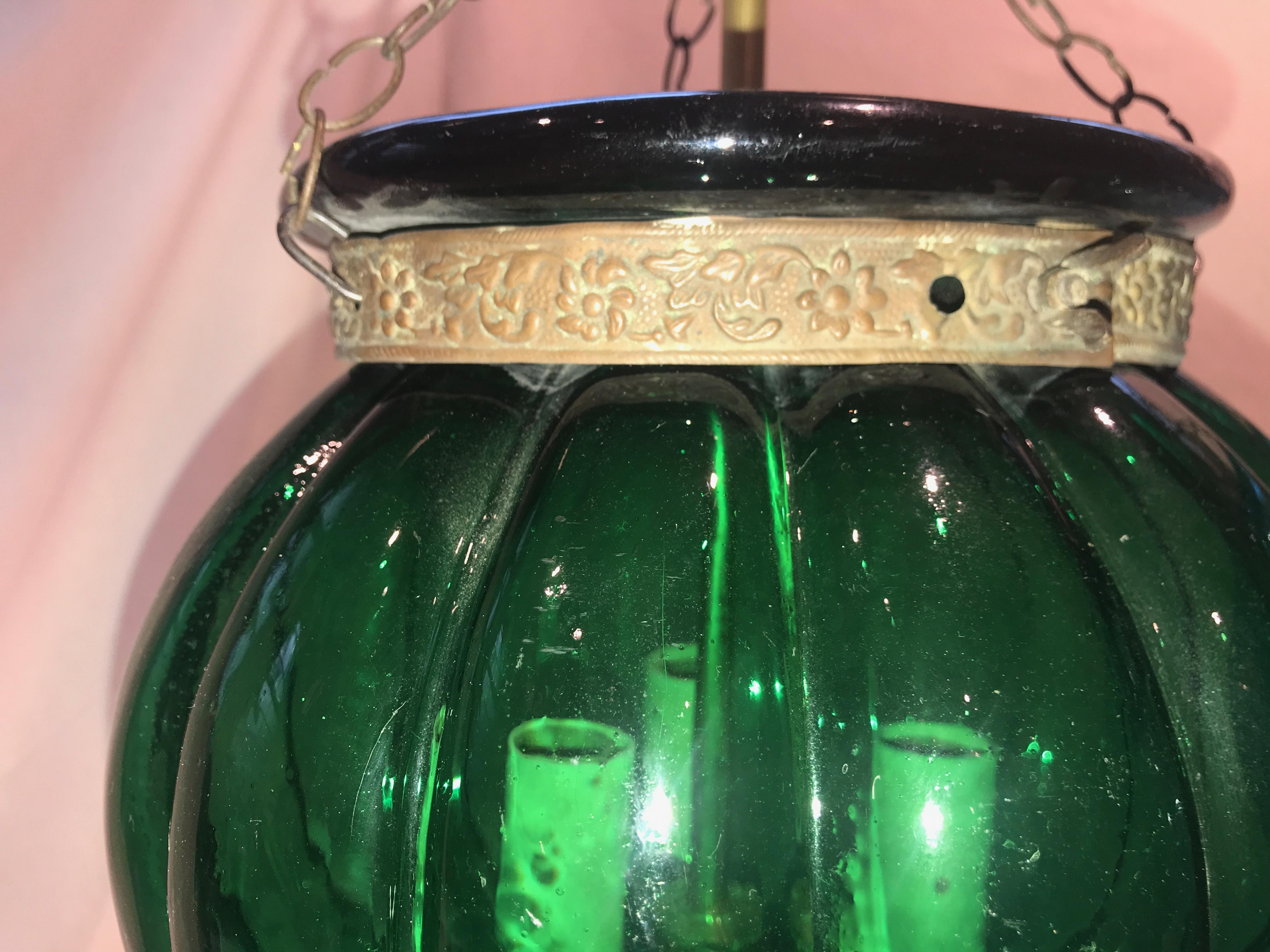 Anglo-Indian Two Antique Anglo Indian Bell Jar Glass Lanterns in Unusual Melon Shape For Sale