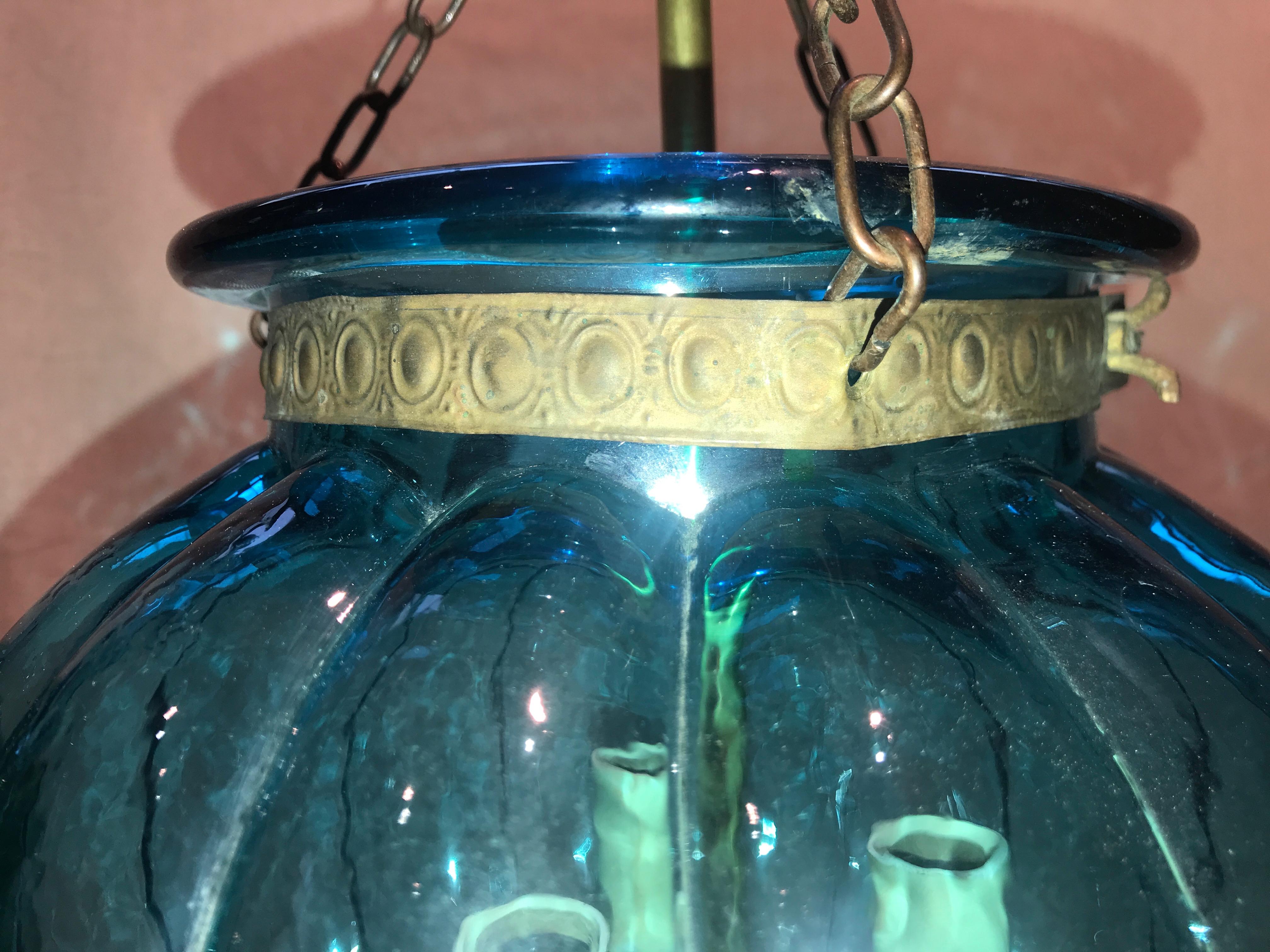 Belgian Two Antique Anglo Indian Bell Jar Glass Lanterns in Unusual Melon Shape For Sale