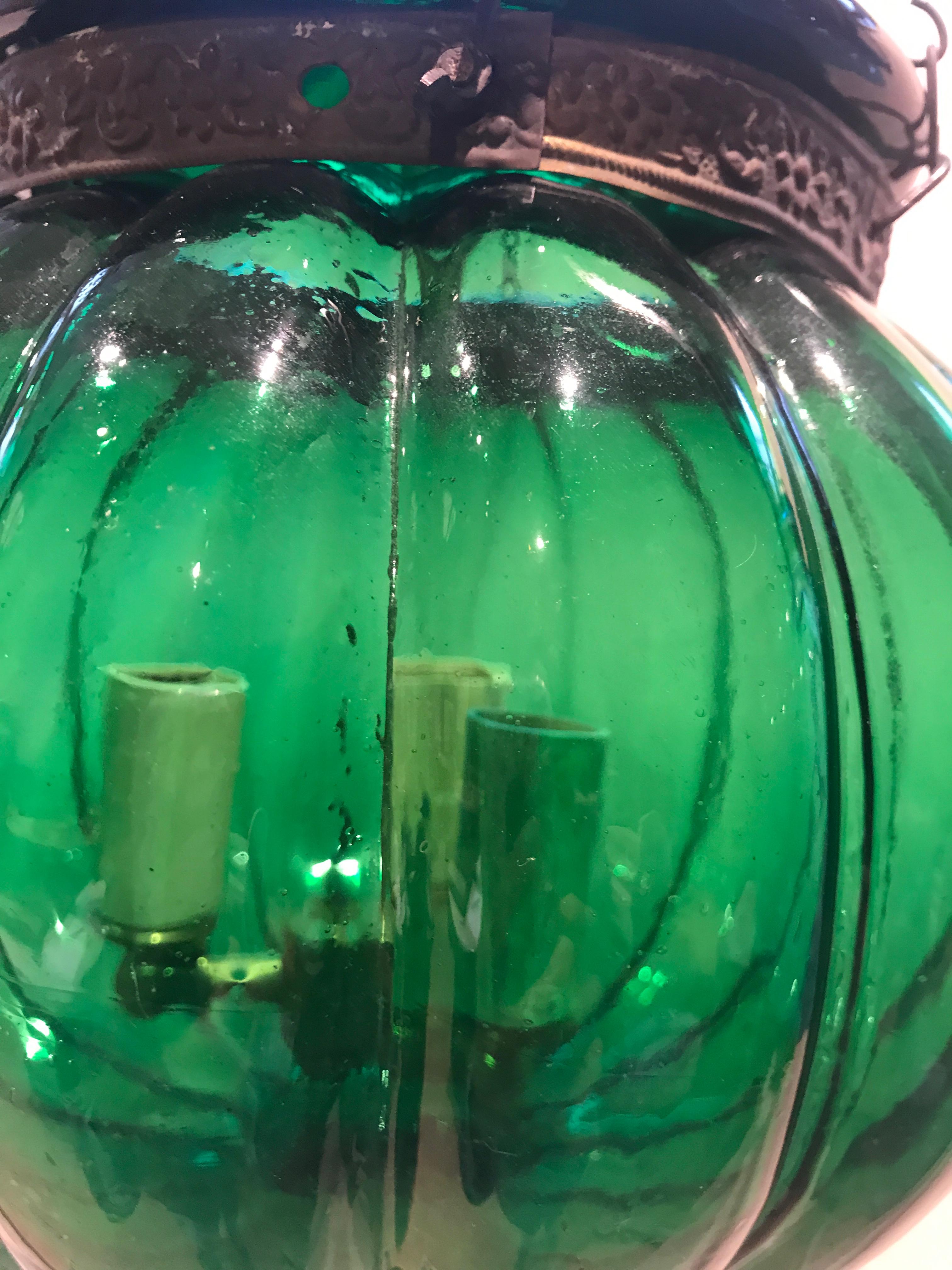 Two Antique Anglo Indian Bell Jar Glass Lanterns in Unusual Melon Shape For Sale 1