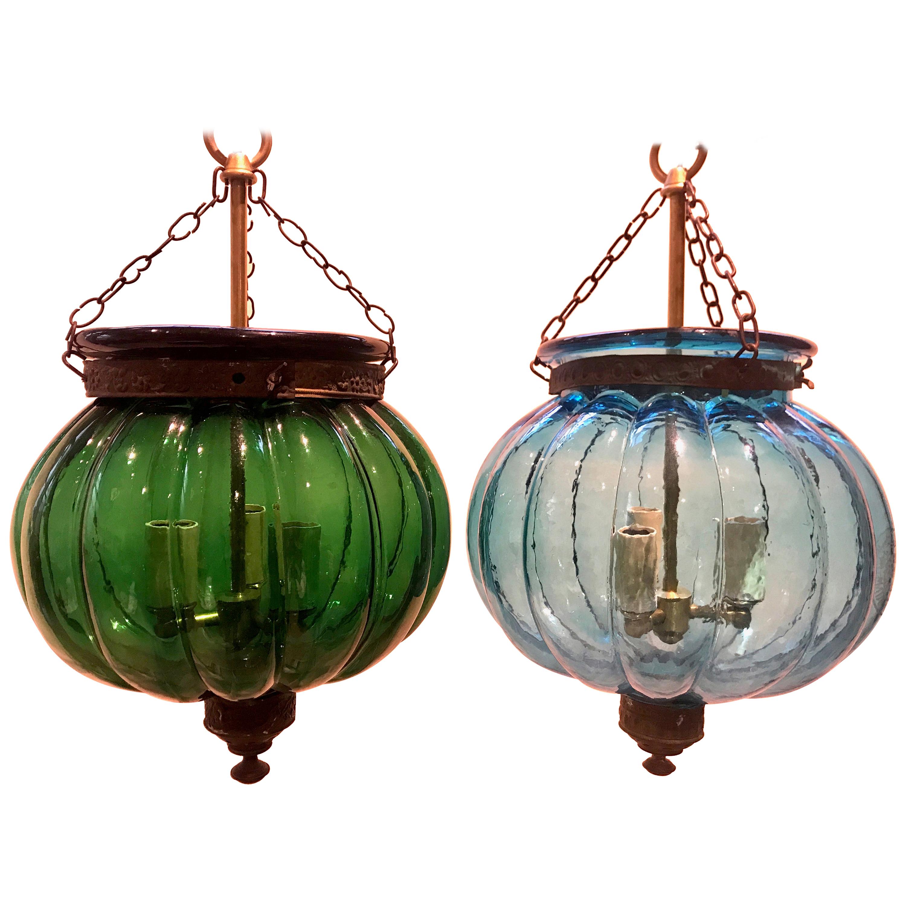 Two Antique Anglo Indian Bell Jar Glass Lanterns in Unusual Melon Shape For Sale