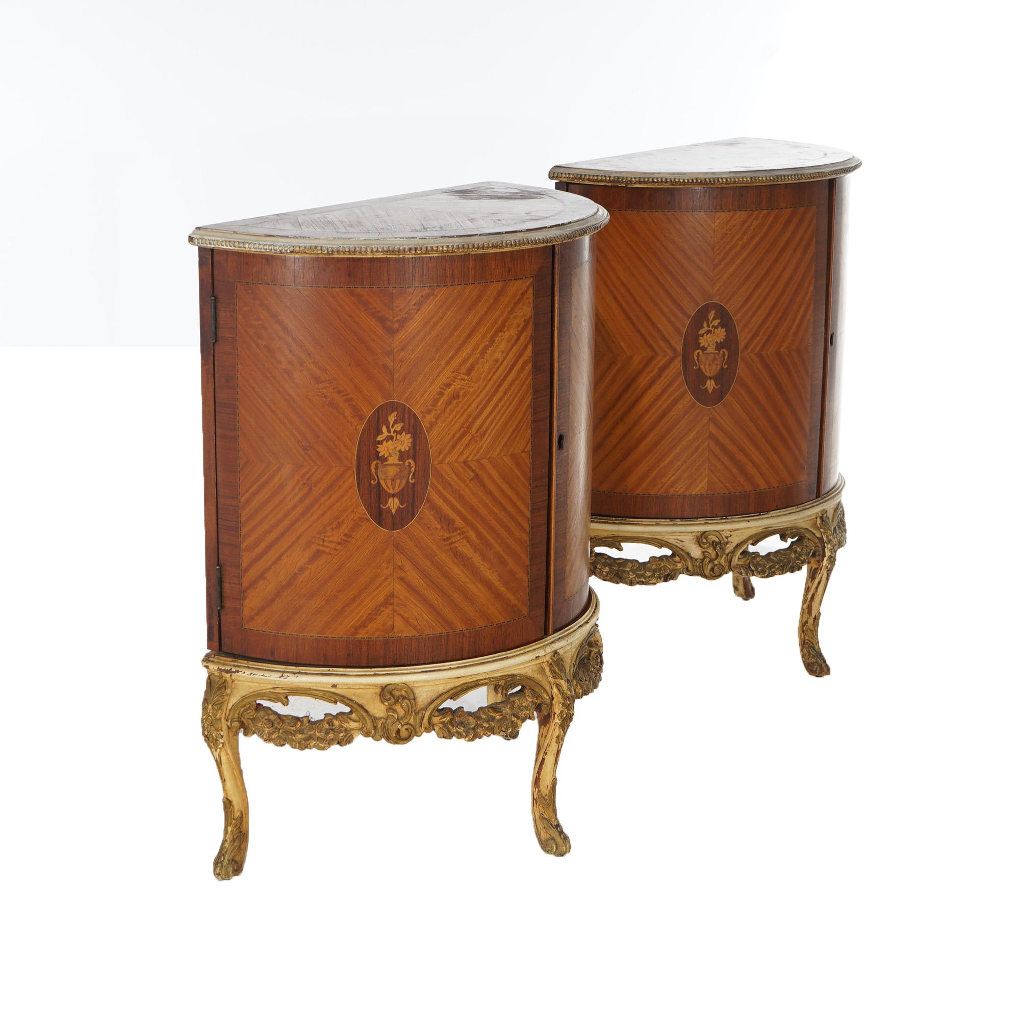 Two Antique Antique French Satinwood Inlaid Marquetry Demilune Side Tables C1920 12