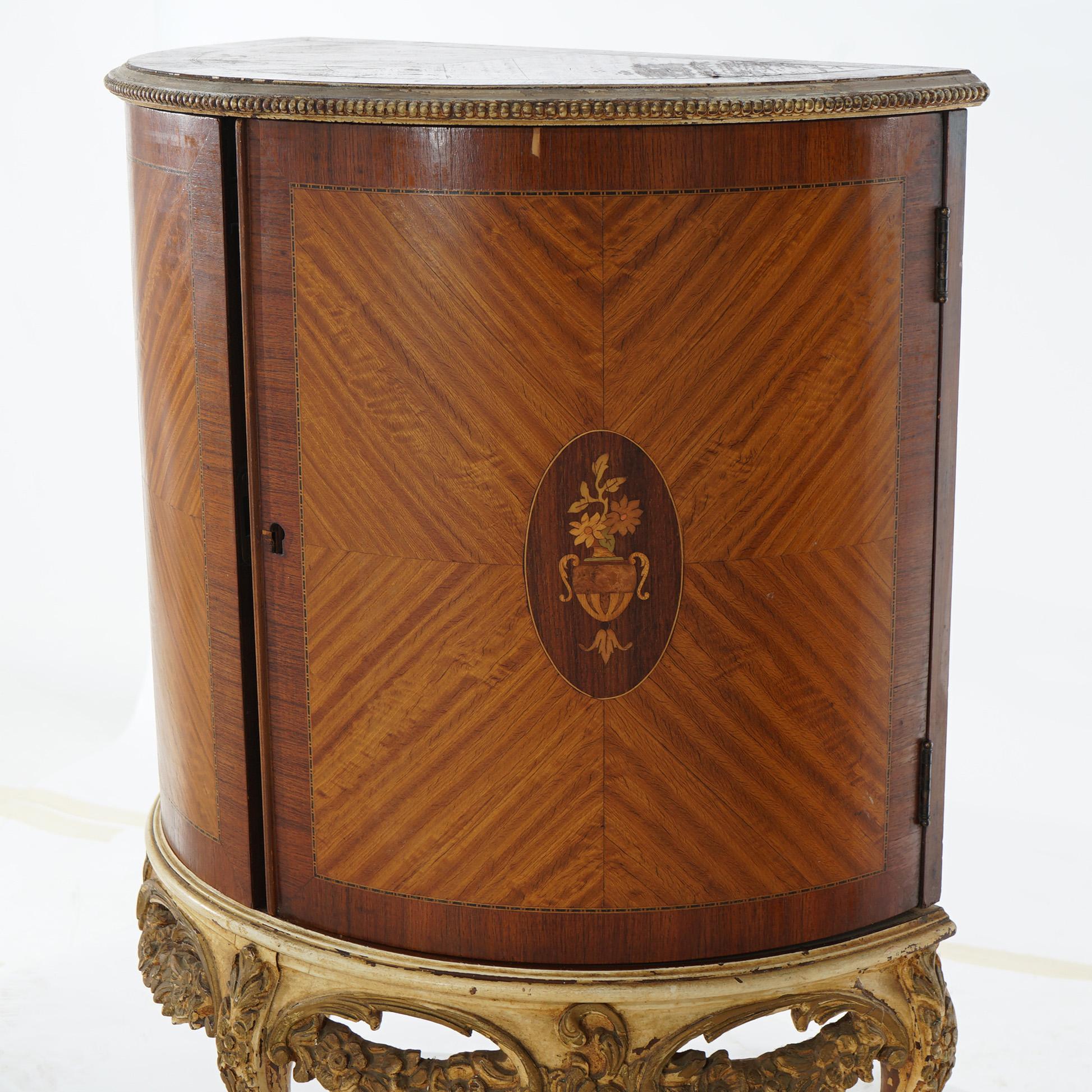 Inlay Two Antique Antique French Satinwood Inlaid Marquetry Demilune Side Tables C1920