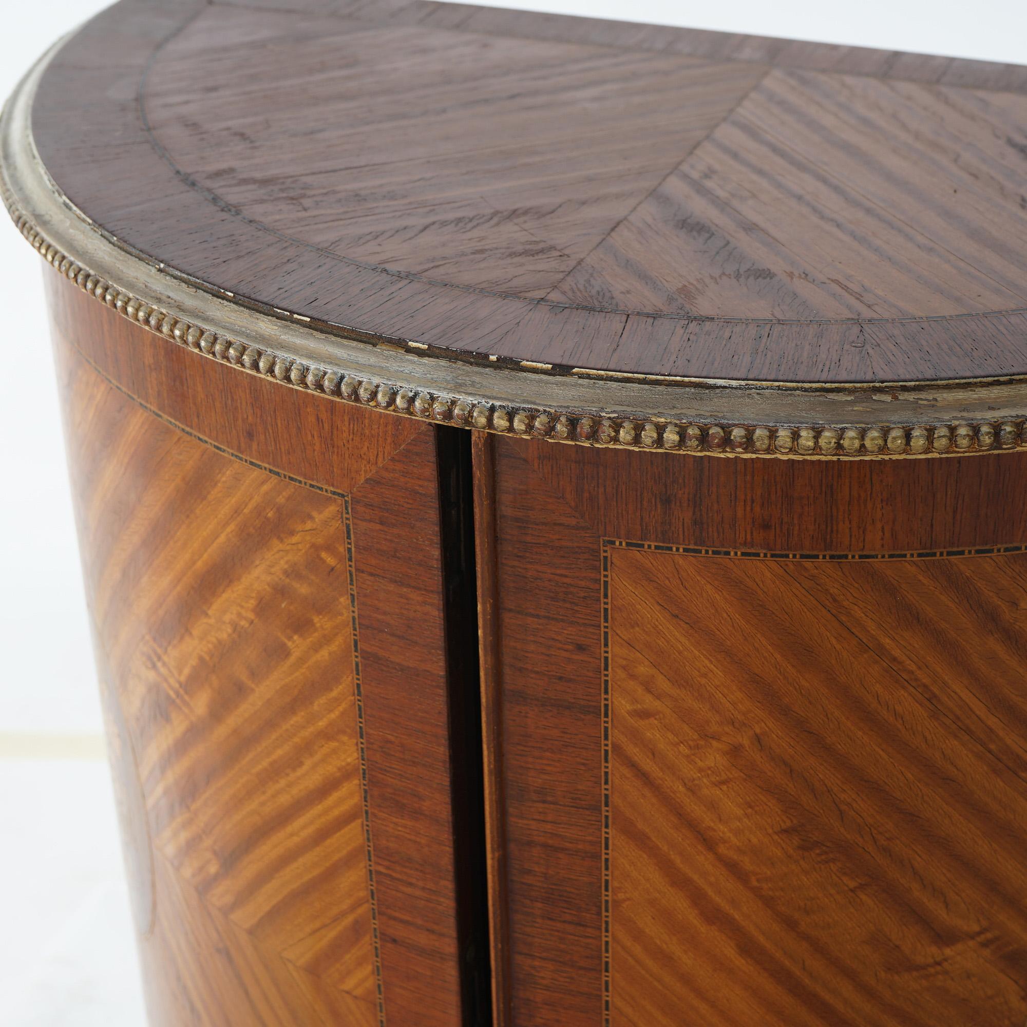 20th Century Two Antique Antique French Satinwood Inlaid Marquetry Demilune Side Tables C1920