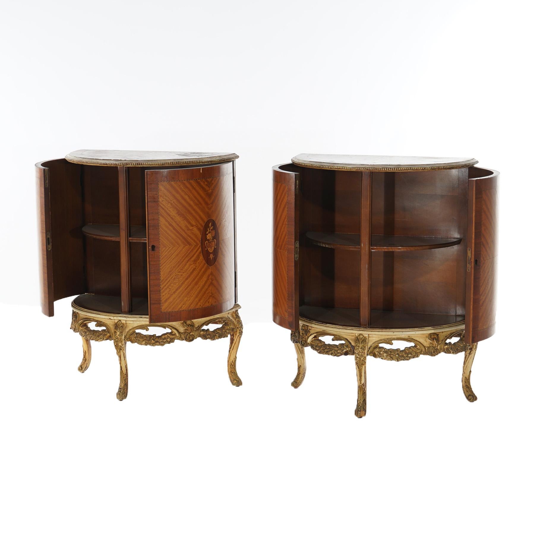 Two Antique Antique French Satinwood Inlaid Marquetry Demilune Side Tables C1920 1