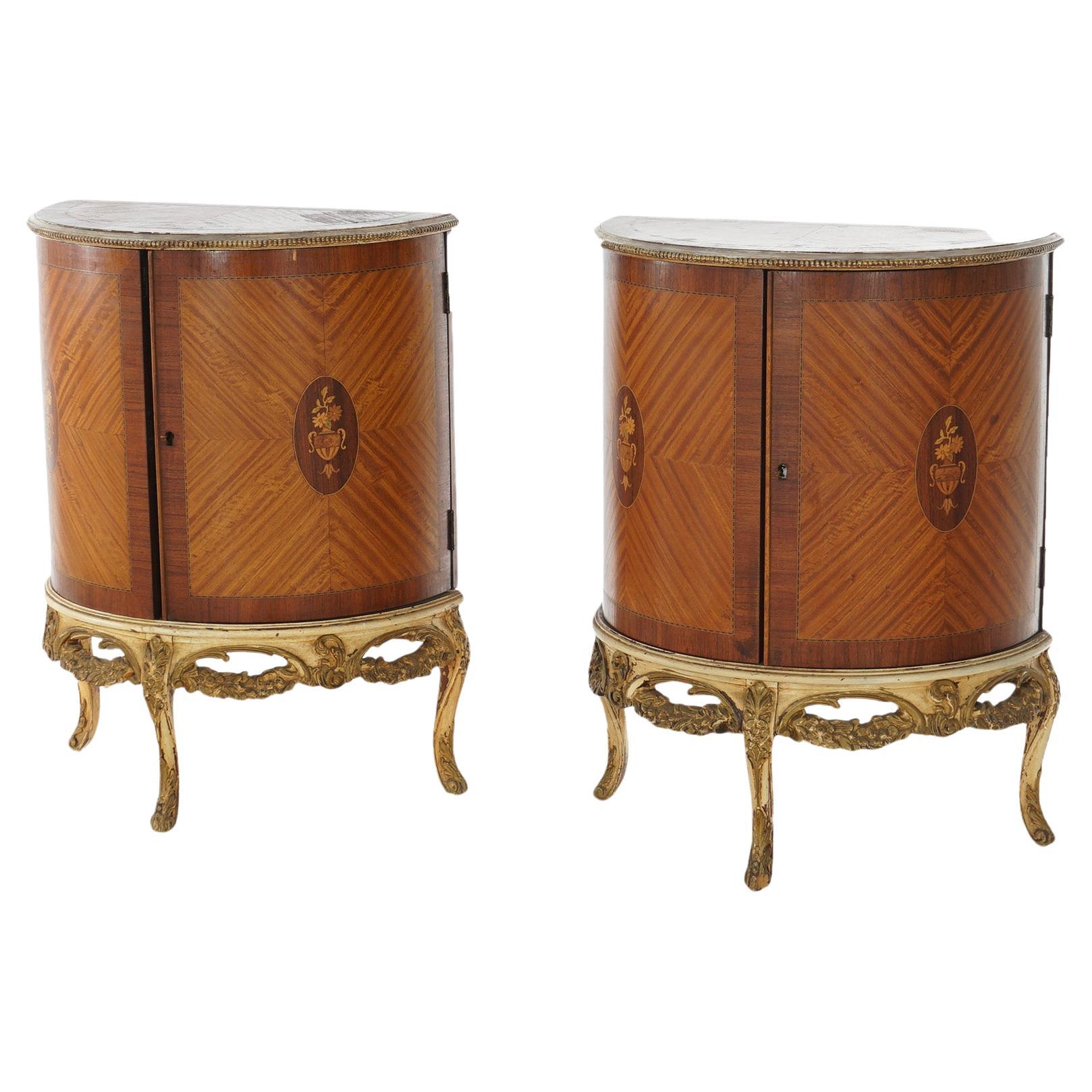 Two Antique Antique French Satinwood Inlaid Marquetry Demilune Side Tables C1920 For Sale