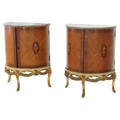 Two Used Antique French Satinwood Inlaid Marquetry Demilune Side Tables C1920