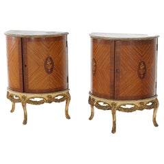 Two Antique Antique French Satinwood Inlaid Marquetry Demilune Side Tables C1920