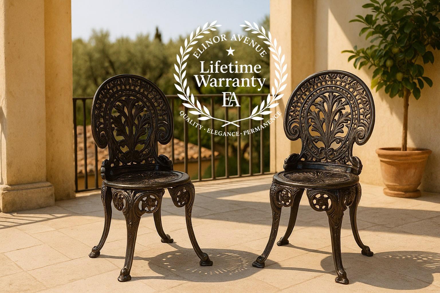 Transform your outdoor space with these beautiful antique baroque-style garden chairs crafted from heavy cast iron. Each chair weighs 35 lbs.

*WE OFFER A LIFETIME WARRANTY ON ALL PURCHASES WITH US

These chairs feature intricate scrollwork and an