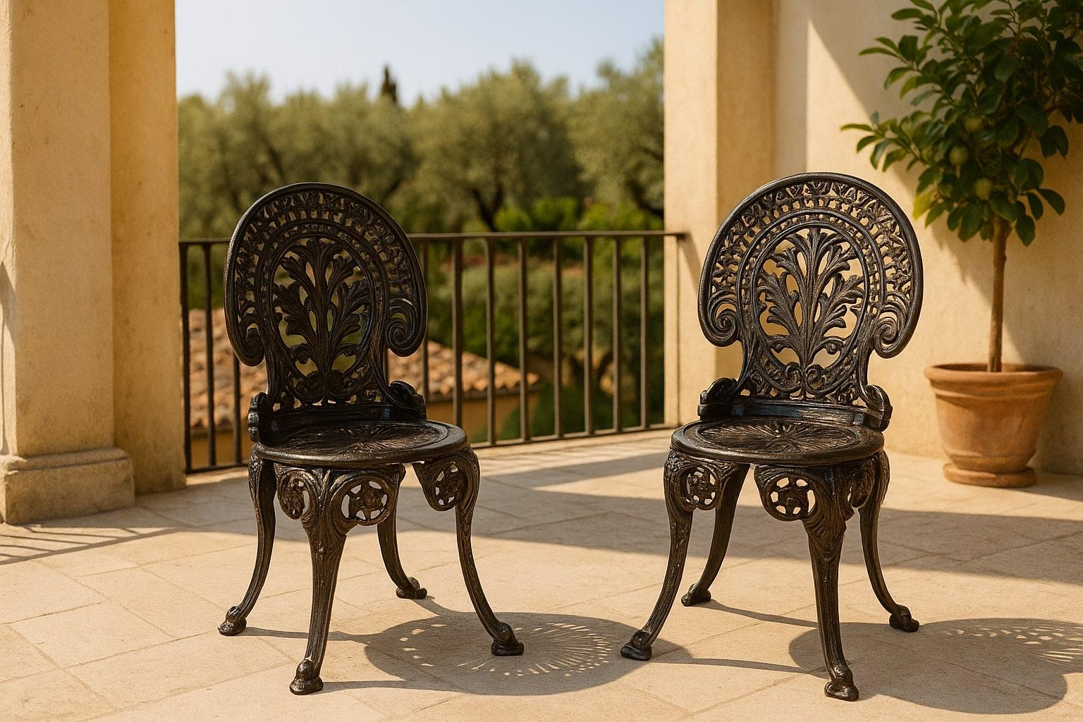 Transform your outdoor space with these beautiful antique baroque-style garden chairs crafted from heavy cast iron. Each chair weighs 35 lbs.

These chairs feature intricate scrollwork and an ornate design that adds a touch of elegance to any
