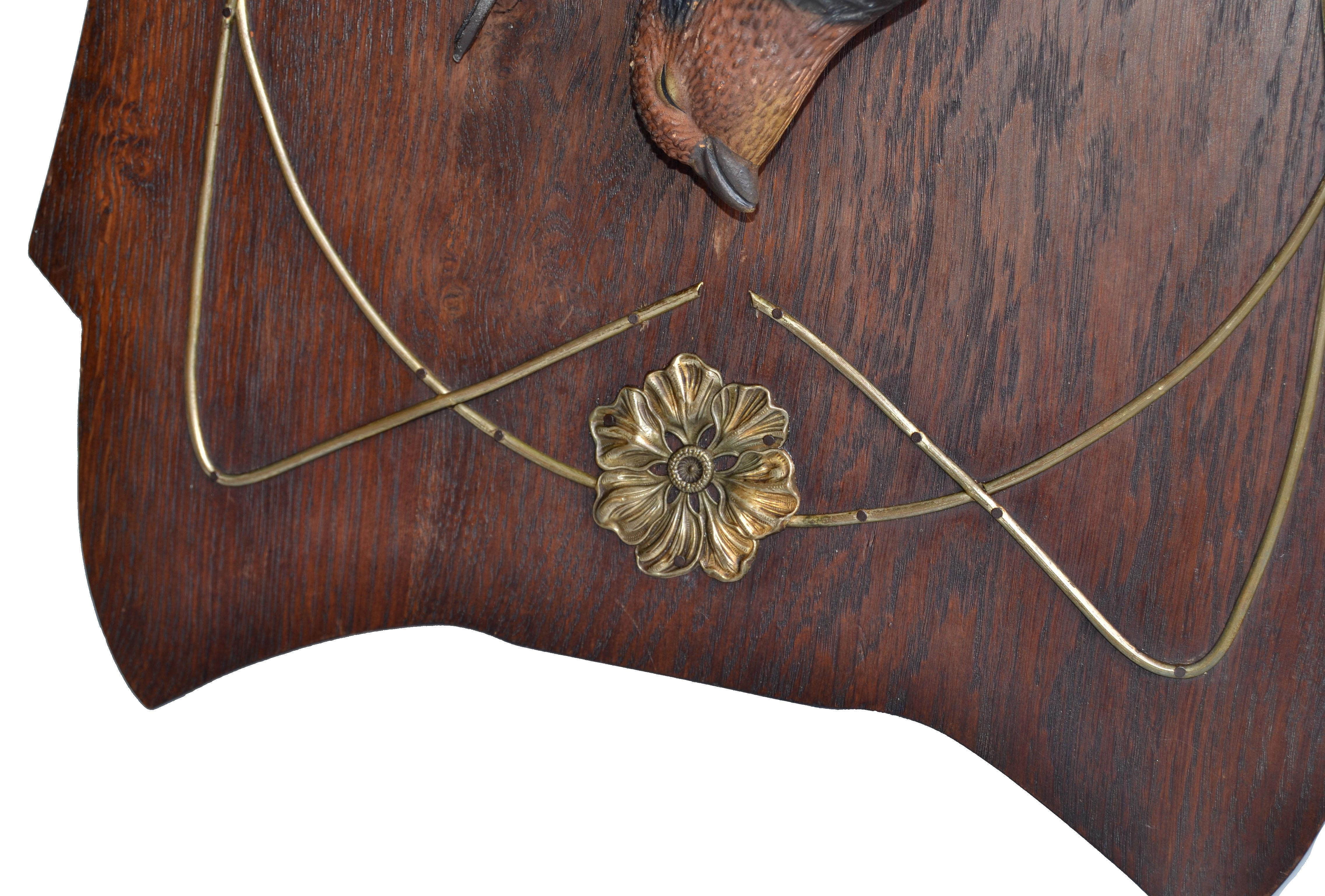 Two Antique Black Forest Terracotta Pheasant Birds Wall Plaque Fine Art Oak Wood For Sale 3