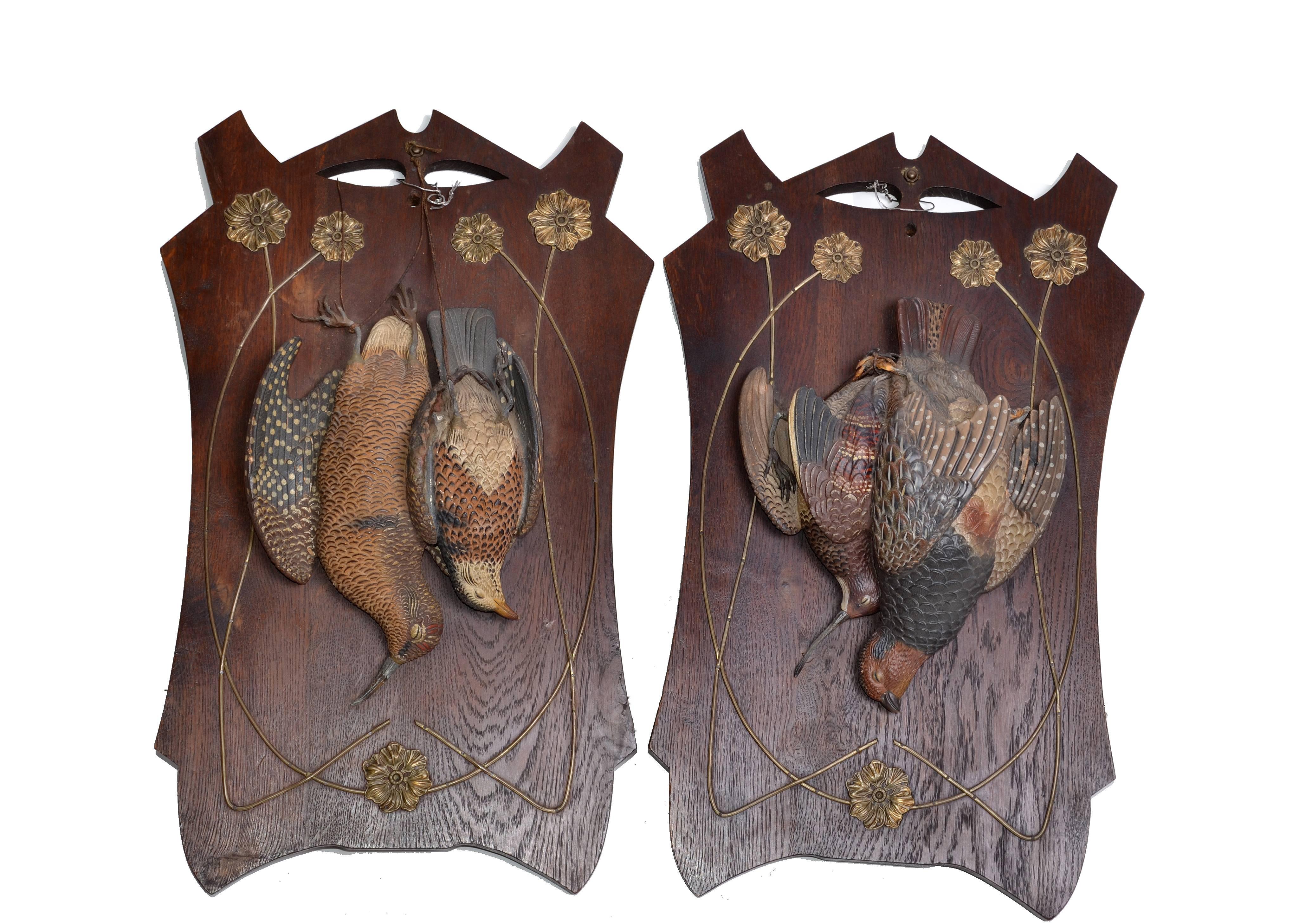 Two Antique Black Forest Terracotta Pheasant Birds Wall Plaque Fine Art Oak Wood For Sale 5