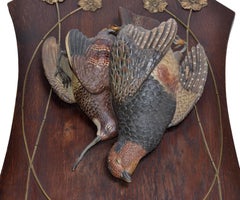 Two Antique Black Forest Terracotta Pheasant Birds Wall Plaque Fine Art Oak Wood