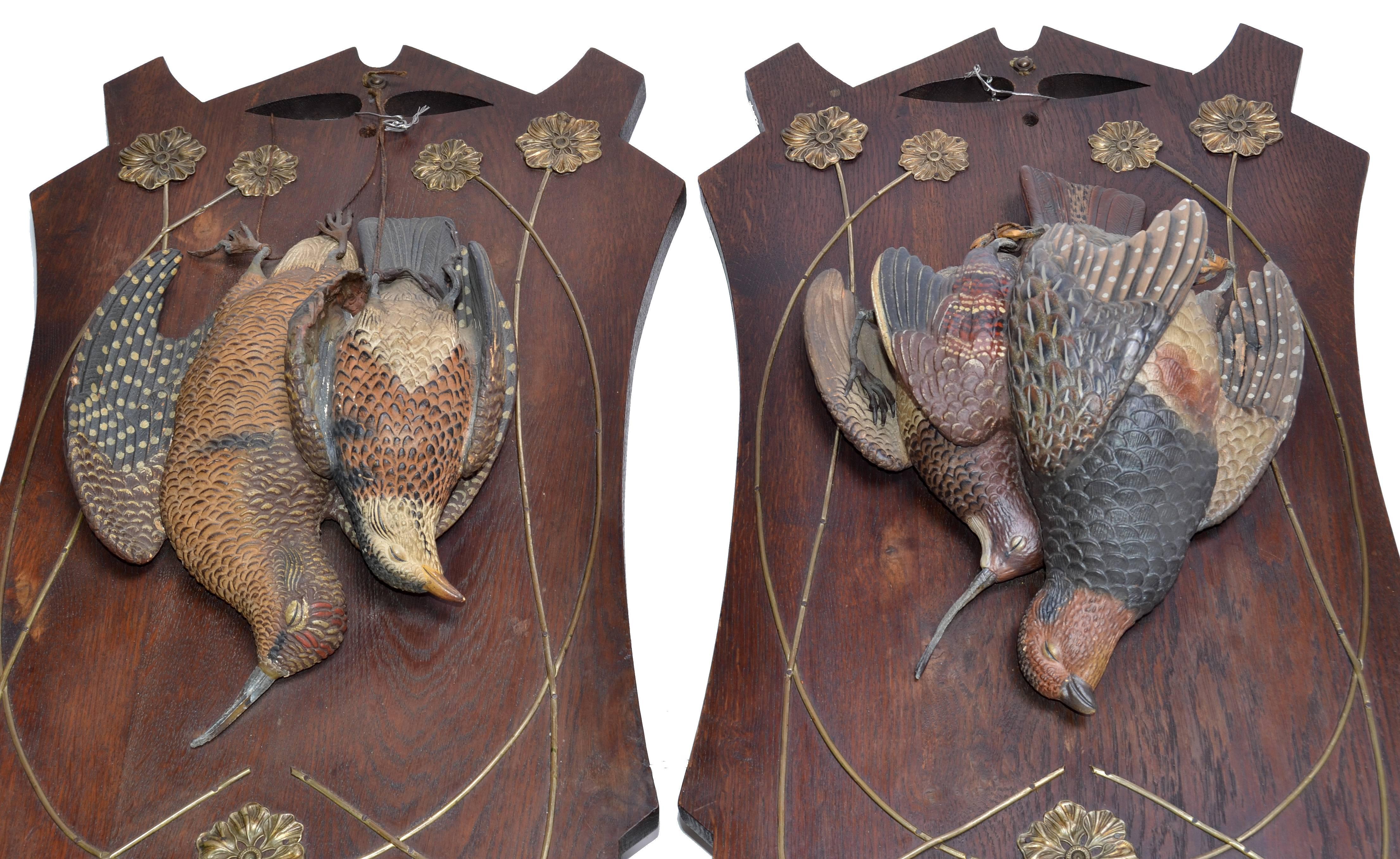 Swiss Two Antique Black Forest Terracotta Pheasant Birds Wall Plaque Fine Art Oak Wood For Sale