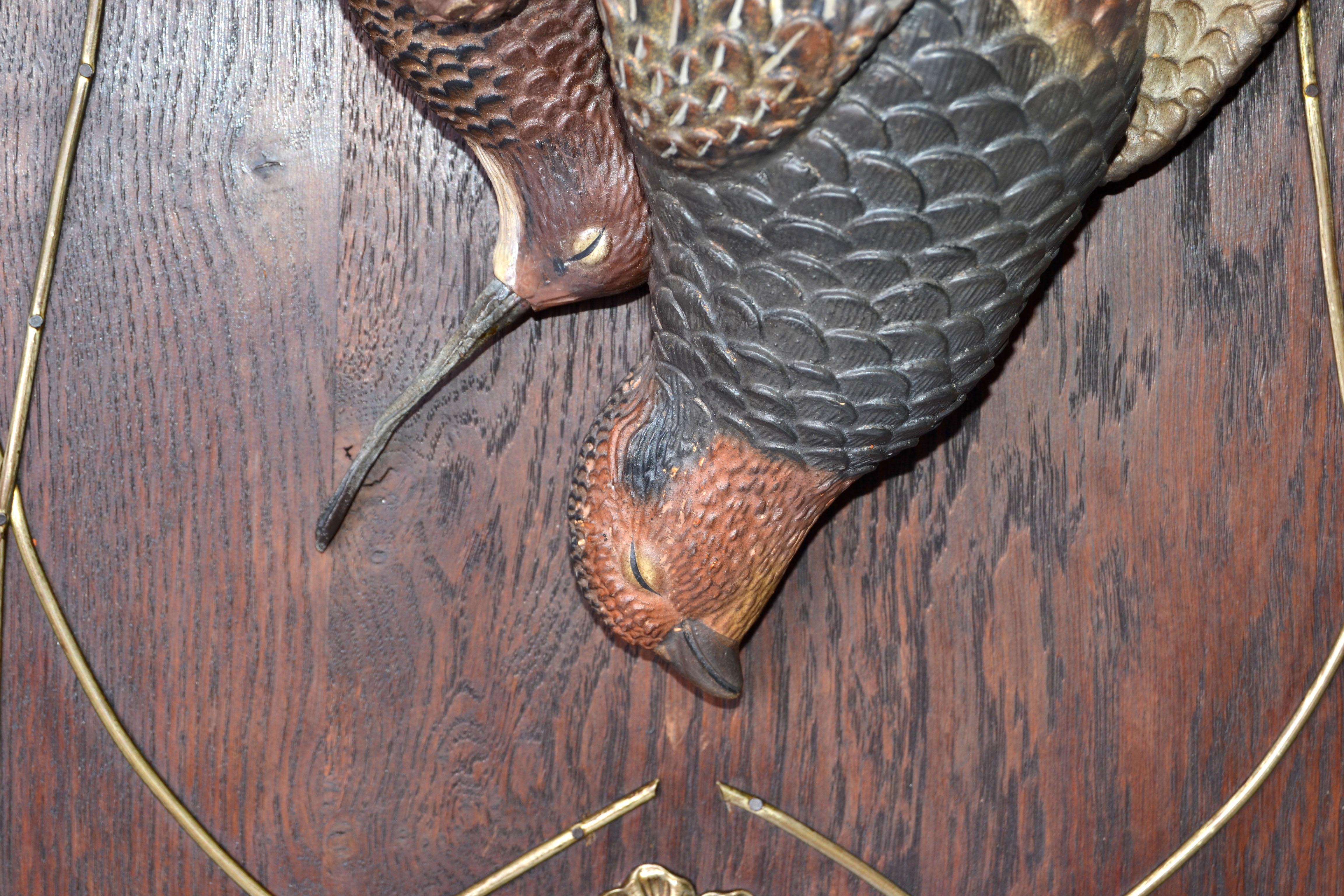 Brass Two Antique Black Forest Terracotta Pheasant Birds Wall Plaque Fine Art Oak Wood For Sale