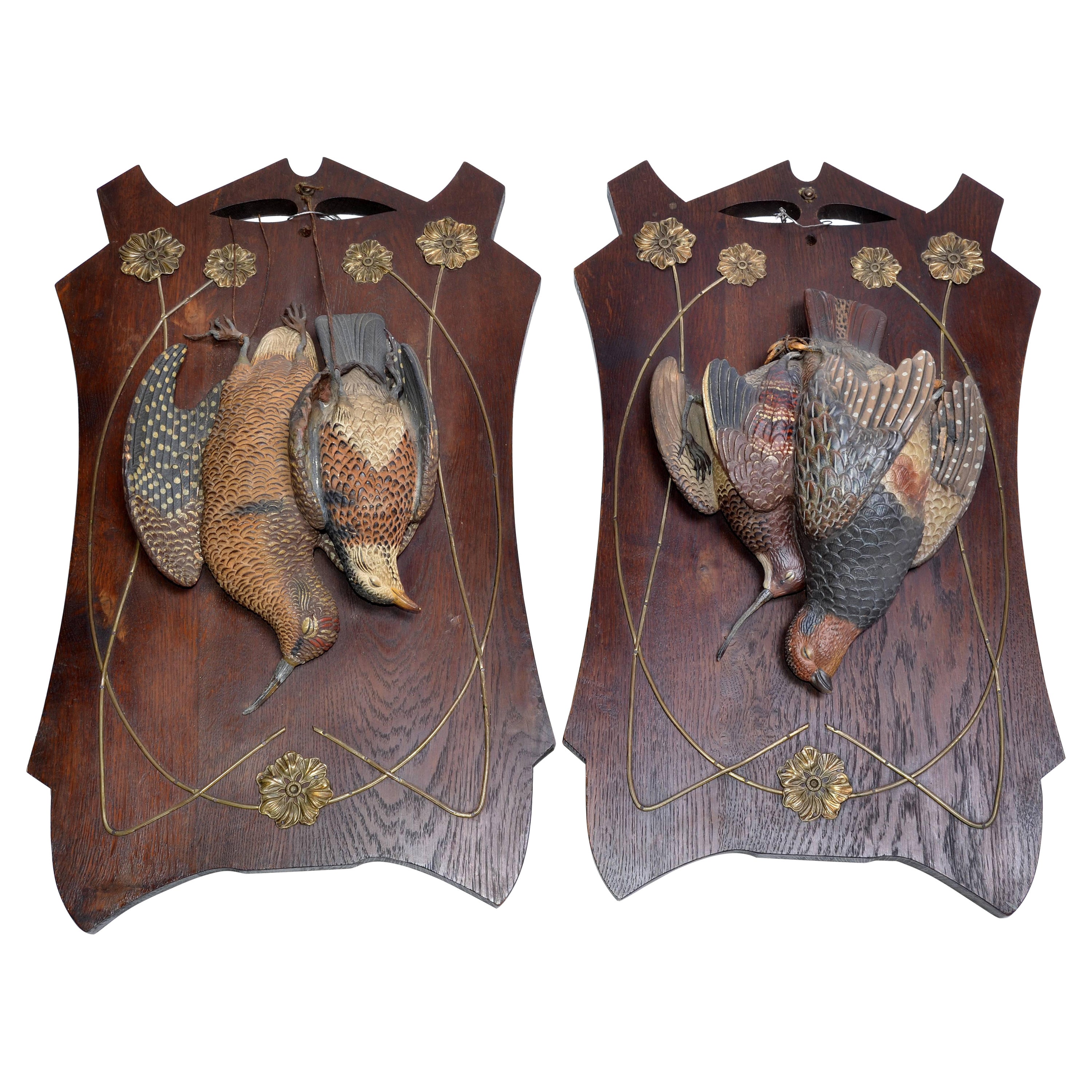 Deux oiseaux faisans anciens en terre cuite Plaque murale Fine Art Oak Wood