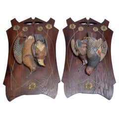Two Antique Black Forest Terracotta Pheasant Birds Wall Plaque Fine Art Oak Wood