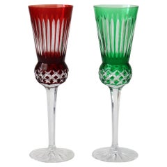 Two Antique Bohemian Cut To Clear Crystal Champagne Flutes: Ruby & Emerald C1910 Two Antique Bohemian Cut To Clear Crystal Champagne Flutes: Ruby & Emerald C1910