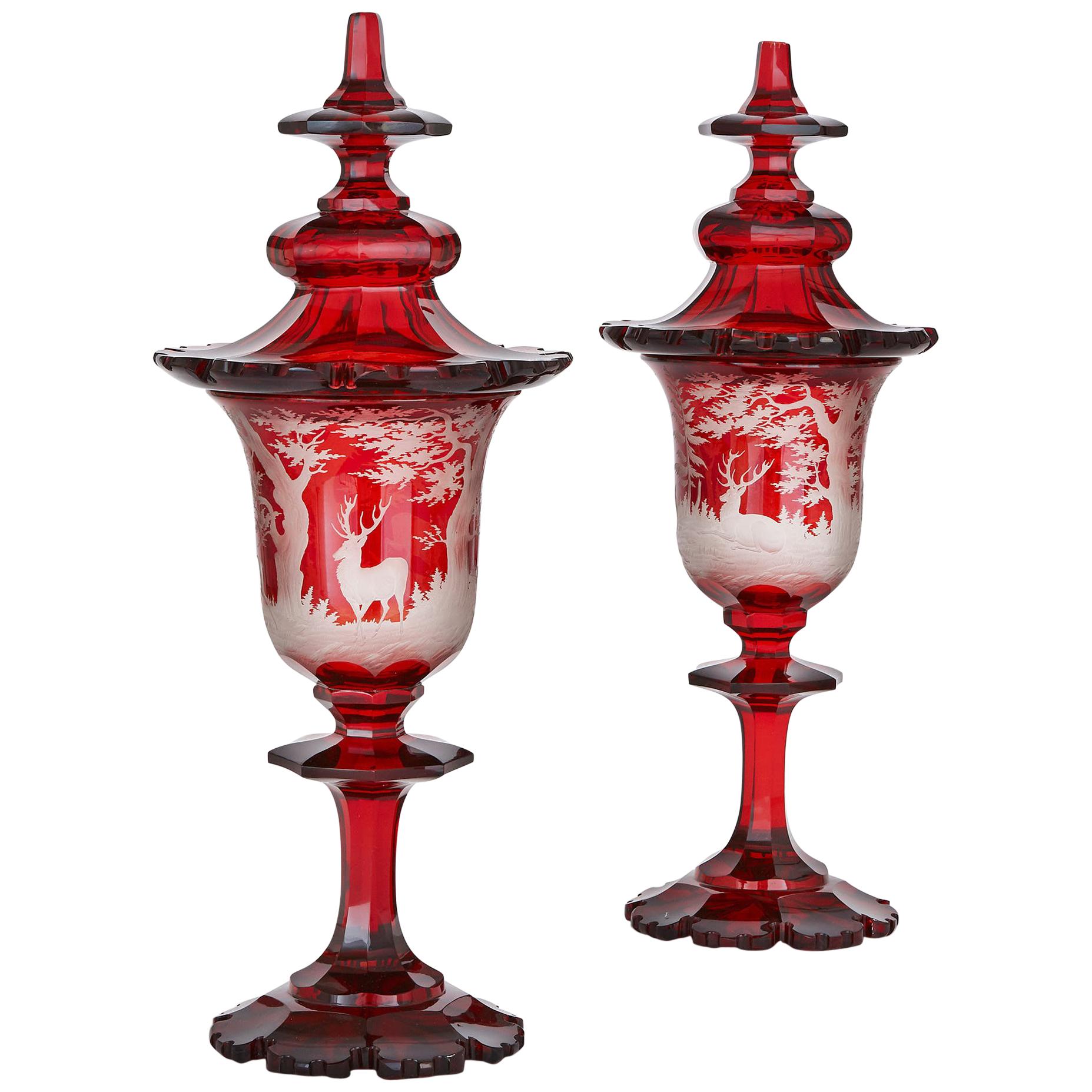 Two Bohemian Opaline Glass Vases with Painted Cherub Scenes For Sale at