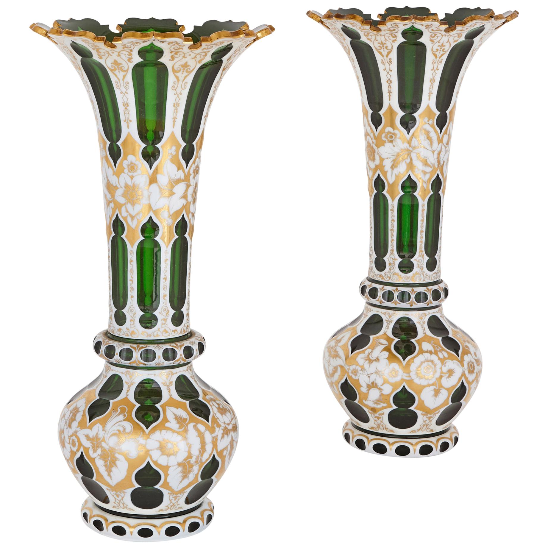 Pair of Bohemian White Tall Overlay Crystal Glass Vases at 1stDibs