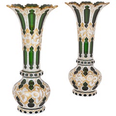 Two Antique Bohemian White Overlay and Gilt Green Vases