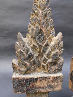 Two Antique Buddhist Carved Wood Temple Roof Fragments on Stands