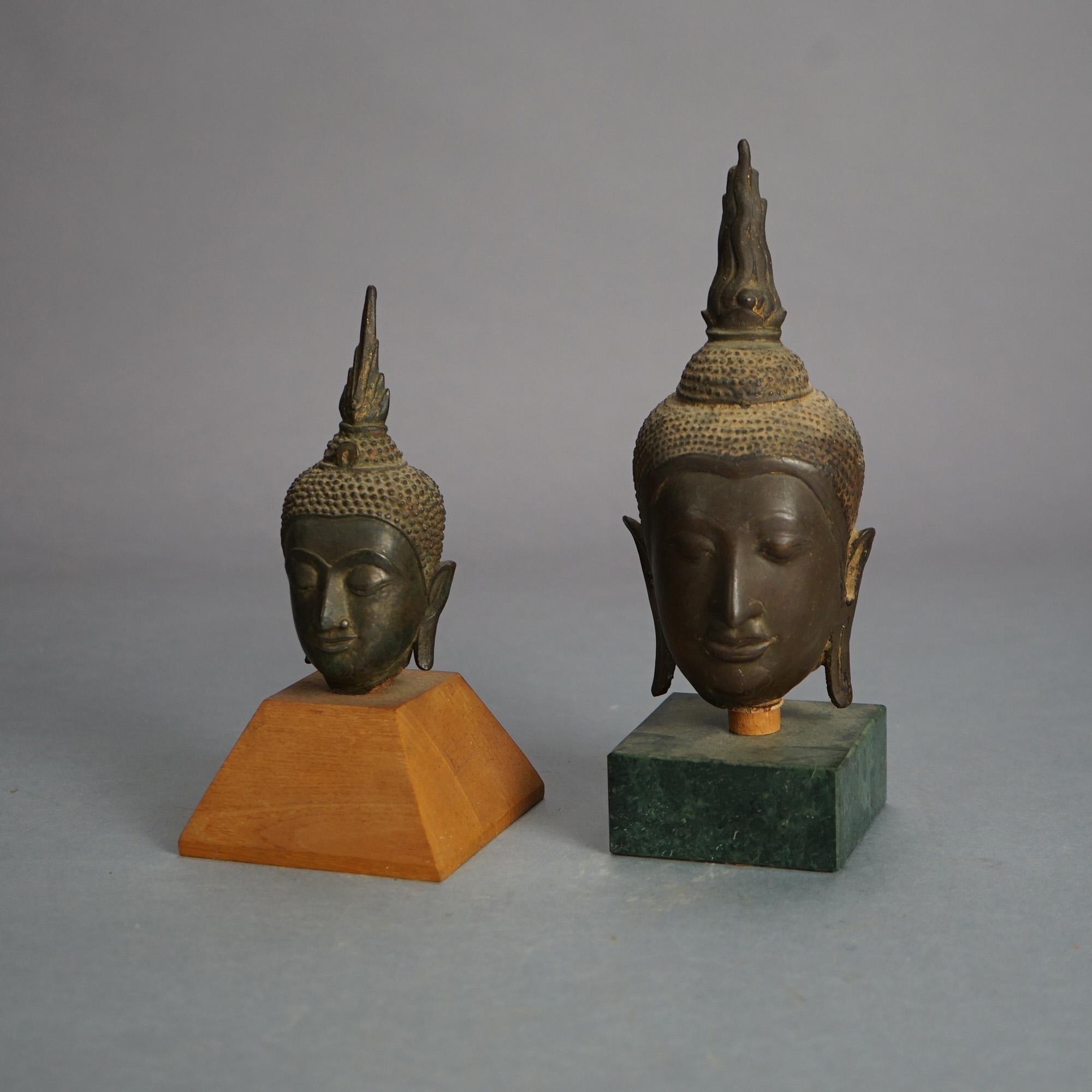18th Century and Earlier Two Antique Cast Bronze Mounted Tibetan Buddha Heads  18thC For Sale