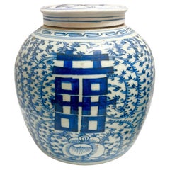 Two Antique Chinese Blue & White Porcelain Double Happiness Jars