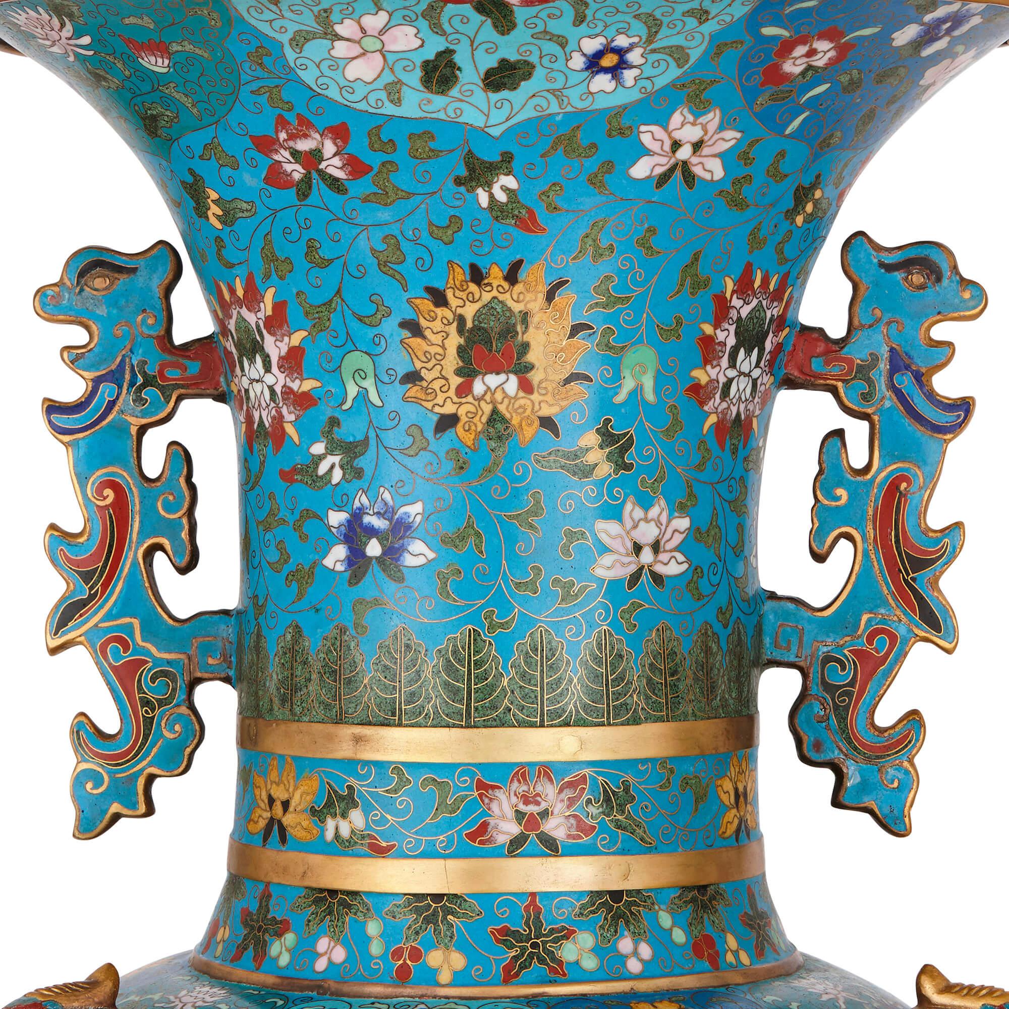 19th Century Two Antique Chinese Cloisonne Enamel and Gilt Vases