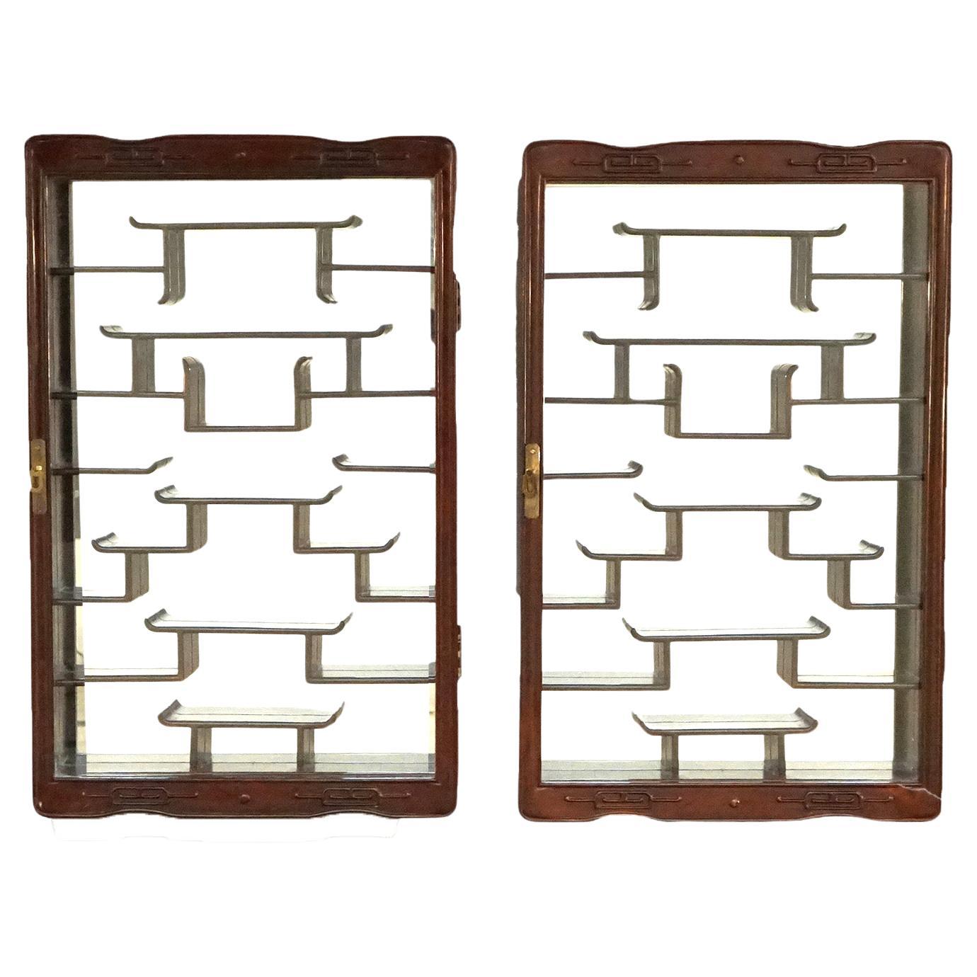 Two Antique Chinese Enclosed Rosewood Wall Display Cabinets for Miniatures C1920